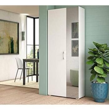 Zapatero Moderno Tarassaco con Espejo y 6 Estantes, Mueble Multiusos 100% Made in Italy, 72x37x195 cm, Color Blanco