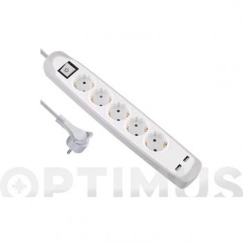 Regleta de Silicona Gummy Line con 5 Tomas y 2 Puertos USB - Color Blanco