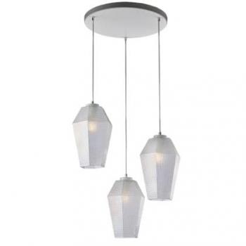 Suspensión 3 luces Prisma en hierro lacado blanco y vidrio transparente con cables eléctricos regulables