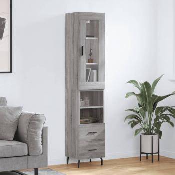 Aparador alto de madera contrachapada gris Sonoma 34,5x34x180 cm con 2 cajones y 2 estantes, mueble de almacenaje para salón, buffet y armario auxiliar