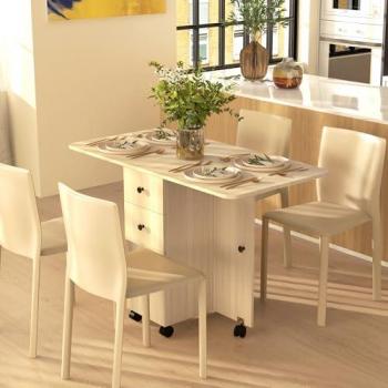 Mesa Plegable de Comedor HOMCOM con Ruedas, Alas Abatibles, Cajones y Armario para 4-6 Personas, Dimensiones 120x60x76.5 cm, Color Natural