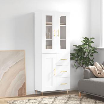 Aparador alto de madera contrachapada blanco 69,5x34x180 cm con 1 puerta de madera y 3 cajones, mueble de almacenaje para salón, buffet y armario auxiliar