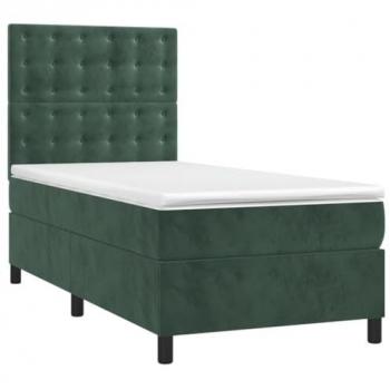 Cama Box Spring con Colchón y LED Terciopelo Verde Oscuro 90x190 cm