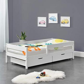 Cama para niños Borgarnes de pino blanco con 2 cajones, somier y protección contra caídas - 90 x 200 cm