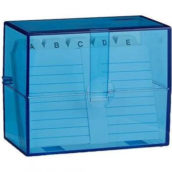 Caja de tarjetas A7 con 100 fichas y separadores A-Z, azul transparente