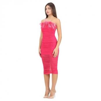 Fuchsia Midi Dress with Tulle and Jersey Feathers - Size OS