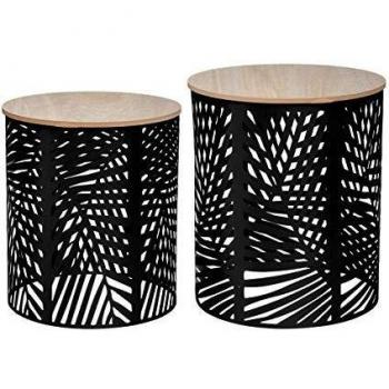 Miroytengo Par de Mesas de Centro Feuille para Comedor, Roble y Negro, 39/35cm, Bases de Melamina y Estructura de Metal