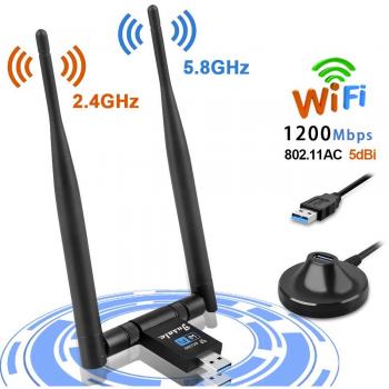 Jusale WiFi USB 1200Mbps, Antena WiFi Adaptador Wireless USB 3.0, Receptor de Red con 2x5dBi Antenas para PC/Desktop/Laptop, Dual Band 2.4GHz/5GHz, Soporte de Windows10/8/8.1/7/XP, Mac OS X 10.6-10.14