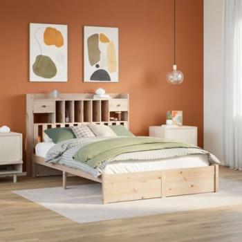 Cama con estantería sin colchón 140x190 cm de madera maciza de pino