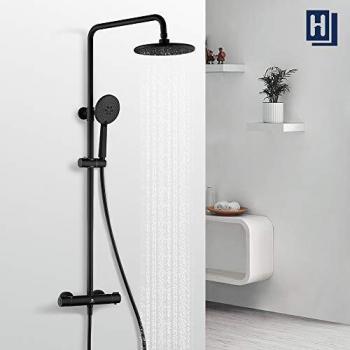 HOMELODY Columna Ducha Negro Termostatica 40℃, Conjunto de Ducha con Grifo Monomando de Latón Altura Ajustable 829mm-1221mm Ducha de Lluvia 3 Tipos Ducha de Mano Con Volante Antideslizante para Baño