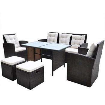 6-Piece Brown Poly Rattan Outdoor Dining Set with Cushions