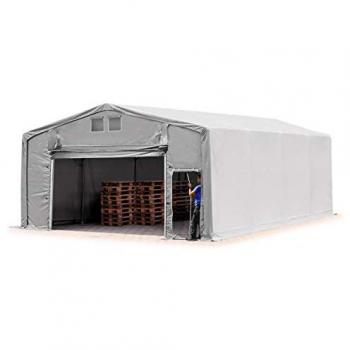 Carpa industrial Toolport 8x8 m con altura lateral de 3 m, lona ignífuga PVC PRIMEtex 2300 N, impermeable, color gris y puerta levadiza