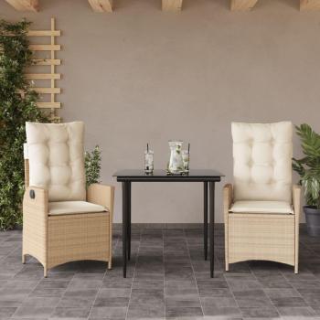 Set comedor de jardín 3 pzas con cojines ratán sintético beige