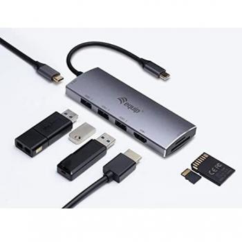 Equip Adaptador Multifuncional USB-C Macho 7 en 1 con HDMI 4K, Hub USB-C de Carga 100W, 3x USB 3.0, Lector de Tarjetas SD/MicroSD y Interfaz USB 3.2 Gen 1 Type-C - Velocidad hasta 5000 Mbit/s - Carcasa de Aluminio