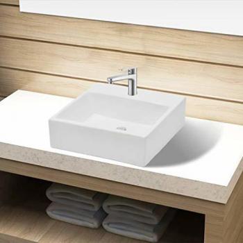 vidaXL Lavabo Cuadrado Moderno con Agujero de Grifo y Desagüe Cerámica Blanco