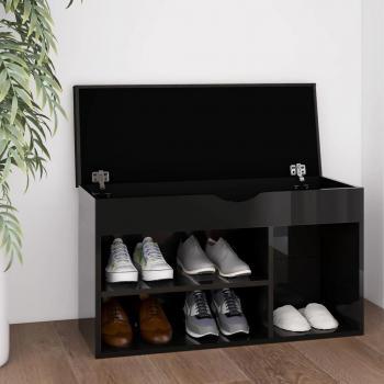Banco Zapatero Negro Pulido con Cojín Aglomerado 80x30x47 cm Multicapa
