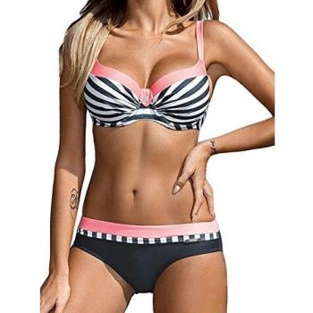Voqeen Mujer Bikini de Gradiente de Color Establece Retro Empuja hacia Arriba Dos Piezas Acolchadas Lunares/Rayas/Cristal Impresa Ropa de Playa Traje de baño