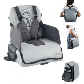 Trona portátil de viaje Monkey Mobiclinic, para bebés de 6 a 36 meses, hasta 15 kg, plegable, con arnés ajustable de 5 puntos y almacenamiento, color gris
