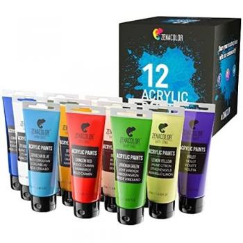 Kit de 12 Pinturas Acrílicas, 12 Tubos de 120ml, 12 Colores Zenacolor - Pinturas para Lienzo, Maderas, Ocios Creativos, tanto para Adultos.