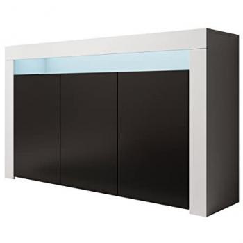 Aparador de salón LED Rialta, 155x91x37cm, color blanco y negro mate, acabado mate, 3 puertas