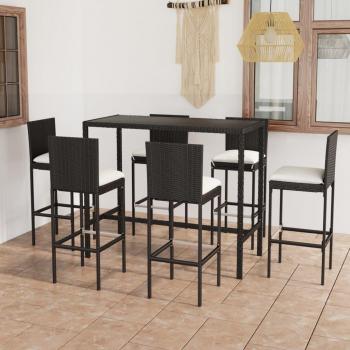 Set de jardín 7 piezas con mesa y taburetes altos, cojines incluidos, fabricado en ratán PE negro