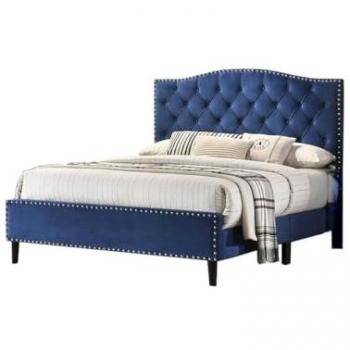 Cama de Matrimonio Jessy 150cm Azul en Terciopelo + Colchón Básico de 18 cm