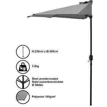 Sombrilla de Media Pantalla con Manivela Gris Ø300cm para Jardín y Terraza