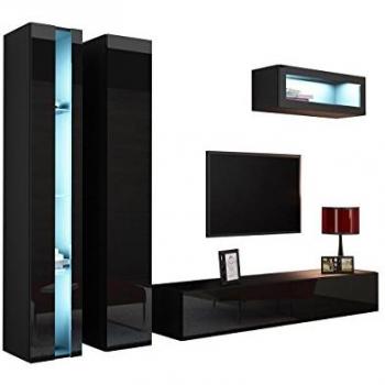 Conjunto de salón Charlotte A133, Muebles modernos en negro y negro brillante, con mesa de TV, aglomerado laminado y vidrio templado, dimensiones 180 x 40 cm