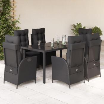 Set de comedor de jardín 7 piezas negro con cojines de Polyrattan