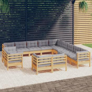 13-Piece Solid Pine Garden Lounge Set with Grey Cushions