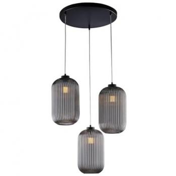 Lámpara de Suspensión 3 Luces Krizia Hierro Negro con Cristal Gris Efecto Espejo