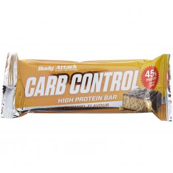 Body Attack Carb Control, Caramelo crujiente, barra proteínica de 100g sin azúcares añadidos, baja en carbohidratos y alta en proteínas, barra proteica con suero, también en la caja mezclada.