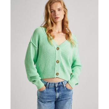 Cárdigan verde de mujer Geneva Pepe Jeans con diseño de punto canalé y hombros caídos
