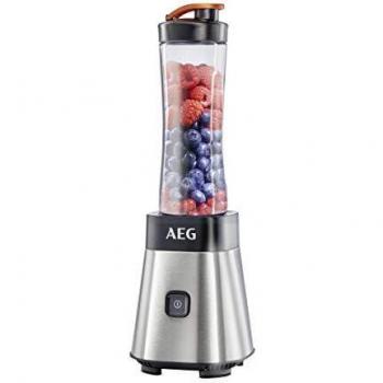 AEG SB2400 - Batidora de Vaso Good To Go - 300W, Función Turbo, Vaso Portátil Tritán de 0,6 litros, Cuchilla de 4 Hojas, con Tapa, Apta Lavavajillas Carcasa de Aluminio, Color Blanco