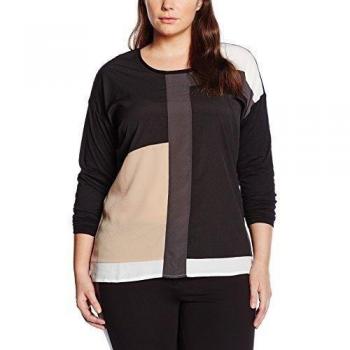 Frapp T-SHIRT RUNDHALS LANGARM MIT ÜBERSCHNITTENER SCHULTER MATERIALMIX-Camiseta Mujer,  
 Negro