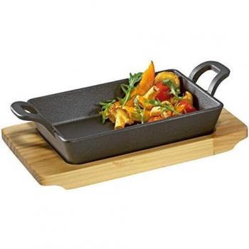Sartén Cuadrada de Gusseisen con Tabla de Madera BBQ 21,5x12,5x6cm
