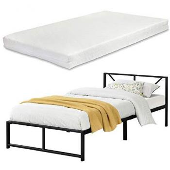 Cama Simple de Metal Meran con Colchón de Espuma Fría 90 x 200 cm, Somier de Acero Negro, Reposacabezas Decorativo, Certificado Oeko-Tex 100