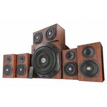 Trust Vigor - Sistema Surround de Altavoces 5.1 en Madera, Potencia 150W con Subwoofer y Control Remoto, Marrón