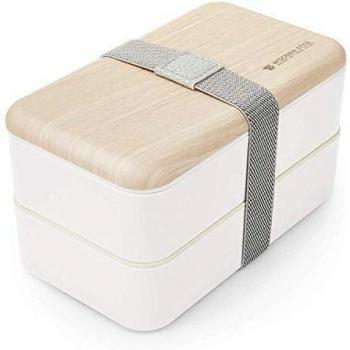Thousanday Fiambrera Bento Bambú Blanco | Apilable Design con 2 Cubiertos | Bento Box 2 Compartimentos Estancos 1200 ml | Microondas y Lavavajillas | Bento Box Adultos o Niños