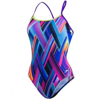 Speedo Fizz Bounce Single Crossback Bañador, Mujer, Violeta/ponche Lima/Turquesa, 32