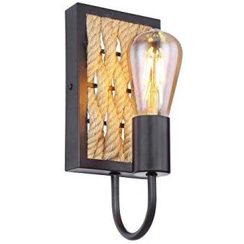 Lámpara de pared rectangular marrón con cuerda de yute, diseño moderno en negro mate, E27