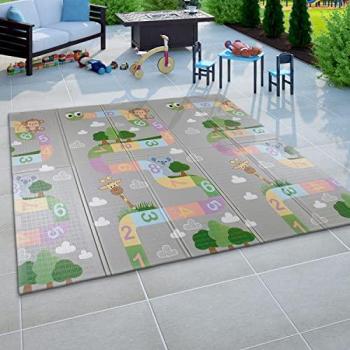 Alfombra Juegos Cuarto Infantil Bebé Colorida Animales, Motivo Animales Reversible Gris Verde, Tamaño 180x200 cm, Diversos Diseños, Colores y Formas, Color Multicolor