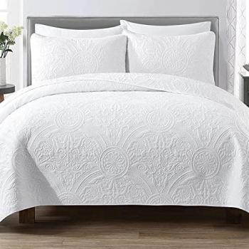 Colcha Boutí Blanca Floral Multiuso con Fundas de Almohada 40x60cm para Cama 90/105/135/150/180 - Cubrecama Moderna y Elegante para Todas las Estaciones