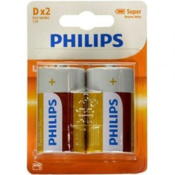 PHILIPS AUDIO LongLife - Pila R20 D, pack 2-blister, colores aleatorios, blanco, verde
