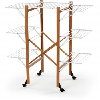 Tendedero Aquilone Plegable de Madera de Haya, Aluminio y Nylon, 132 x 67 cm, 32 metros de alambre con ruedas y freno, Color Marrón/Cerezo