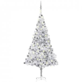 Árbol de Navidad artificial preiluminado con LEDs y bolas PET plateadas 210 cm