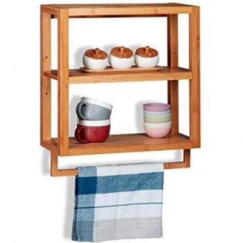 Estantería de bambú de pared con tres estantes, toallero y balda extraíble, 58,5x52x21 cm, marrón