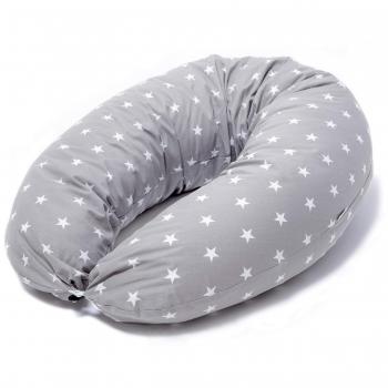 Cojin Lactancia Bebe & Almohada Embarazo Dormir | Funda Cojin 100% Algodon Color Gris con Estrellas Blancas, Desenfundable y Lavable | Relleno de Fibra Hueca de Poliéster Siliconado | Made in EU