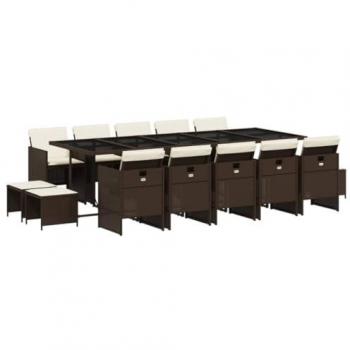 Set de Comedor de Jardín con Cojines 15 Pzas, Mesa y Sillas de Cena, Ratán Sintético Marrón