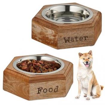 Juego de 2 cuencos para perros, acero inoxidable y soporte de madera, 1L, apto para lavavajillas, 7.5 x 23.5 x 21 cm, natural/plateado - Relaxdays